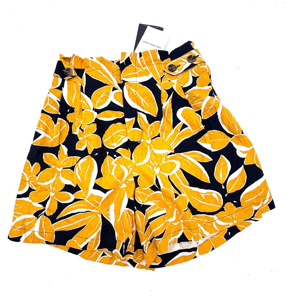 NWT Who What Wear Sz 8 Linen Yellow Black White High Rise Paper Bag Shorts